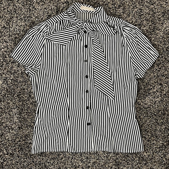 Belle Poque Short Sleeve Button Down Blouse Stripe Shirt Tops with Bow Tie - Picture 1 of 1
